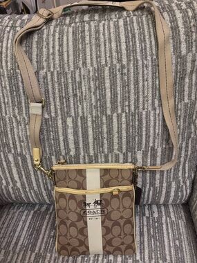 Coach Heritage Brown Signature Canvas Crossbody with Cream Center Stripe